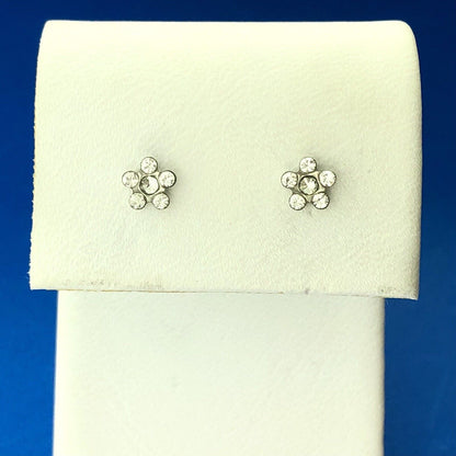 Vintage 14K White Gold Rhinestone Petite Flower Starter Stud Earrings