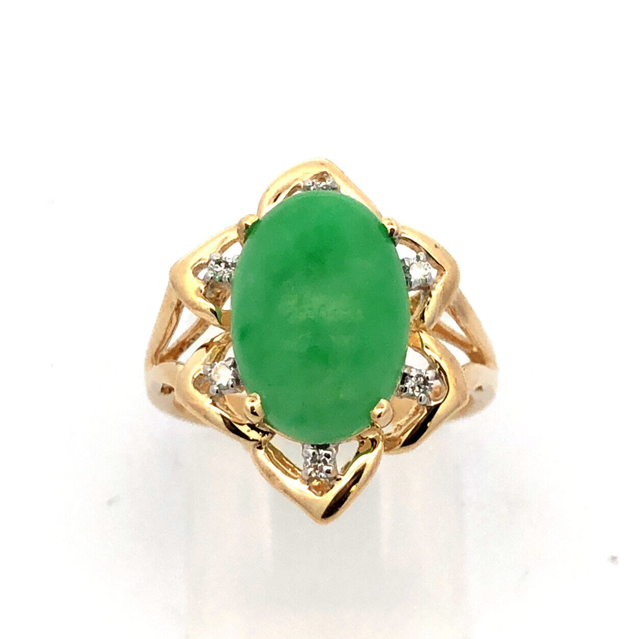 Designer 14K Yellow Gold Oval Jade Cabochon Diamond Accent Cocktail Ring