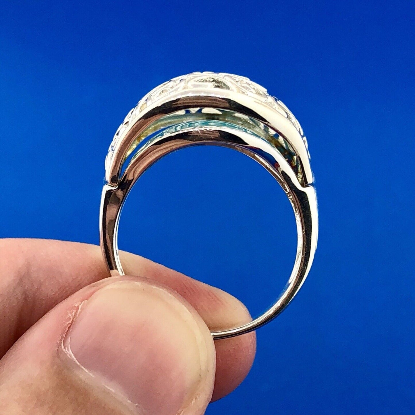 Designer 925 Sterling Silver Aqua Enamel Swirl Scroll Open Work Statement Ring