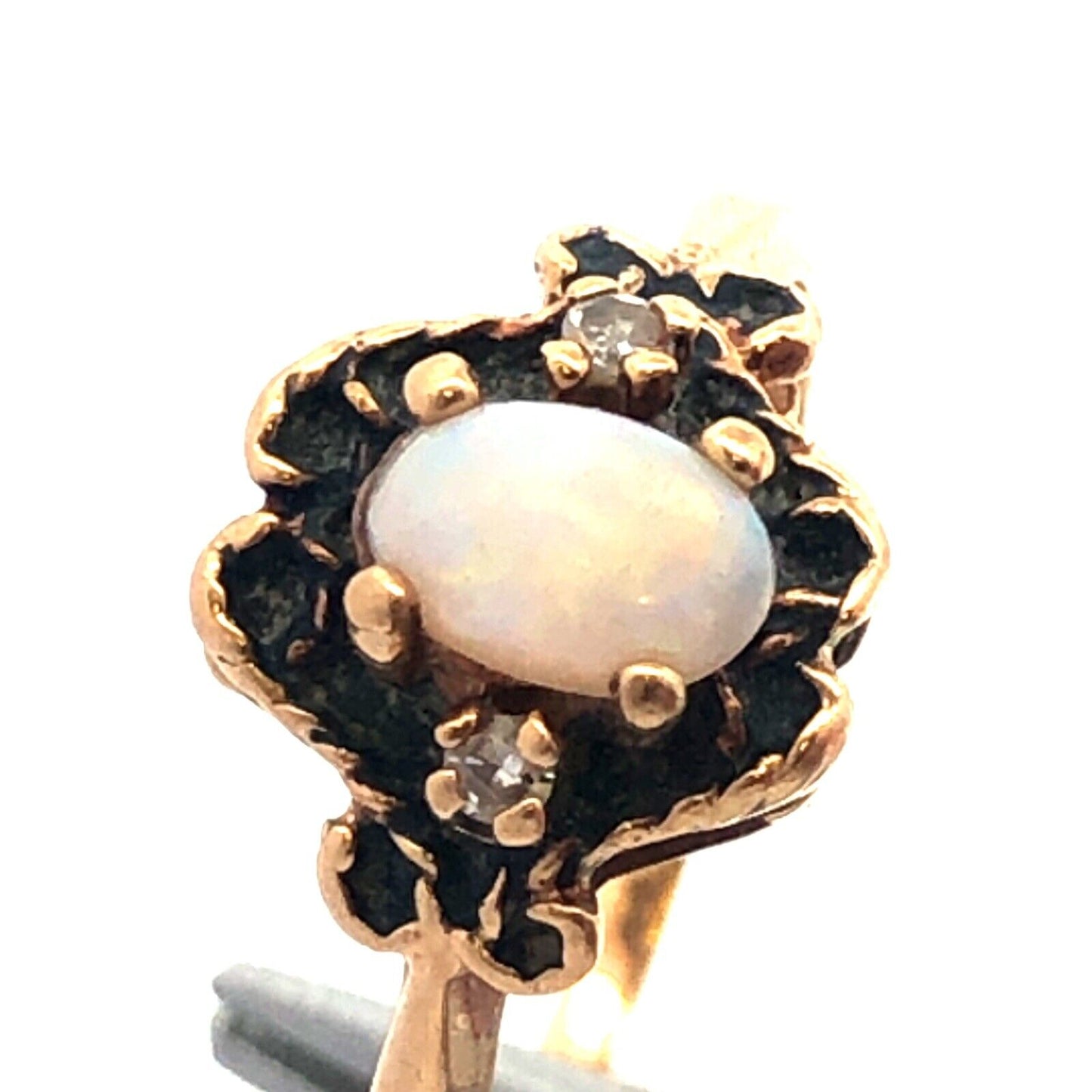 Retro 10K Yellow Gold Oval Opal Diamond Accent October Anniversary Ring