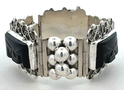 CBR Taxco Mexico 925 Sterling Silver Carved Black Onyx Statement Panel Bracelet