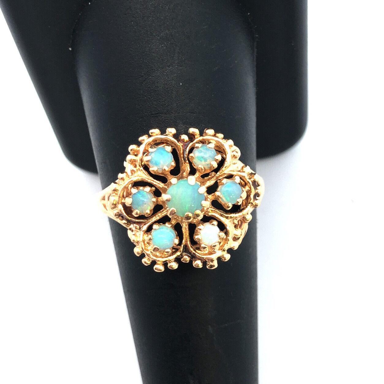 Vintage 14K Yellow Gold Opal Cabochons Flower Floral Cluster Statement Ring