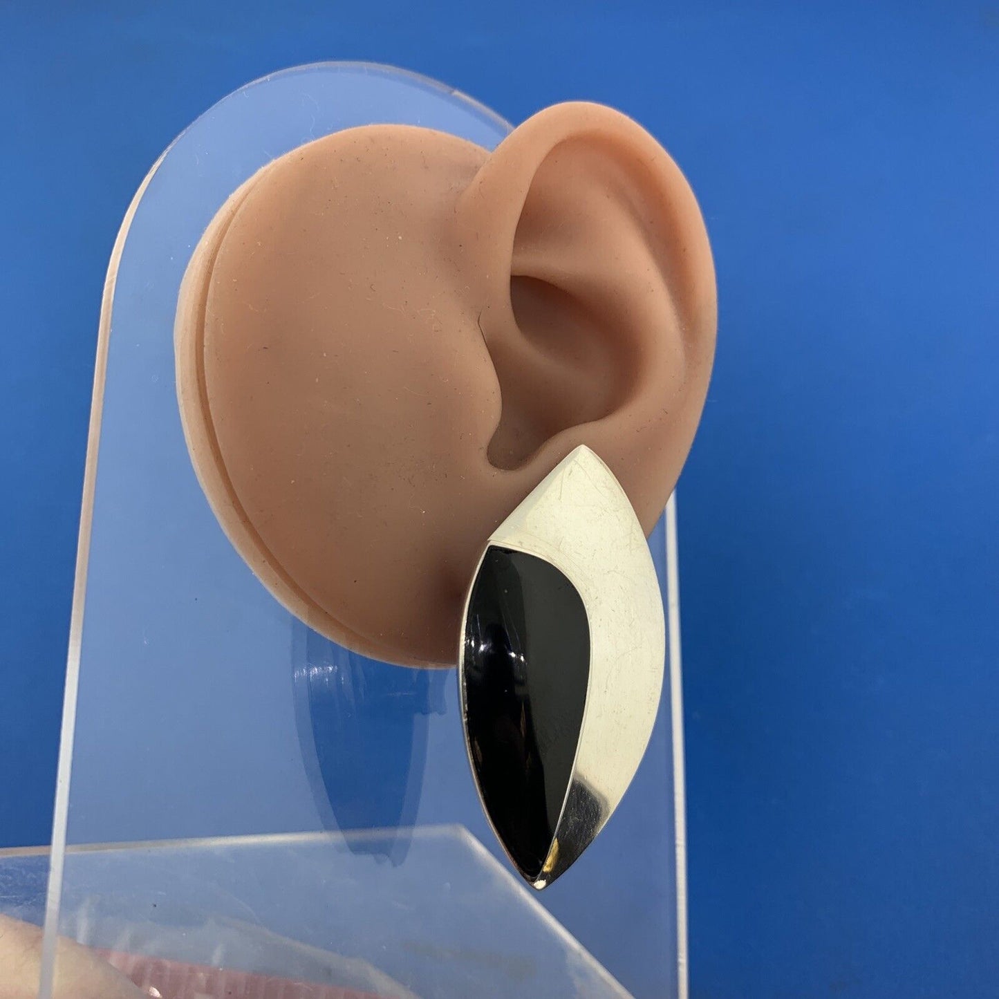 Mid Century Taxco Los Ballesteros Sterling Silver Onyx Modernist Clip Earrings