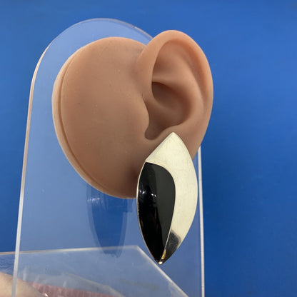 Mid Century Taxco Los Ballesteros Sterling Silver Onyx Modernist Clip Earrings