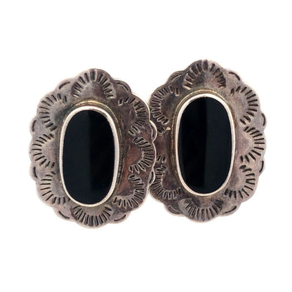 Native American Marked 925 Sterling Silver Oval Black Onyx Concho Stud Earrings