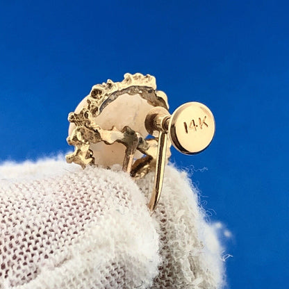 Mid Century 14K Yellow Gold Carved Pink Coral Rose Flower Dangle Screw Earrings