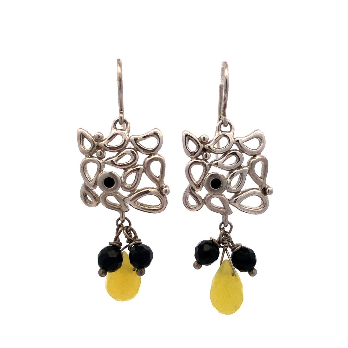 Vintage 925 Sterling Silver Black Onyx Chrysoprase Modernist Dangle Earrings