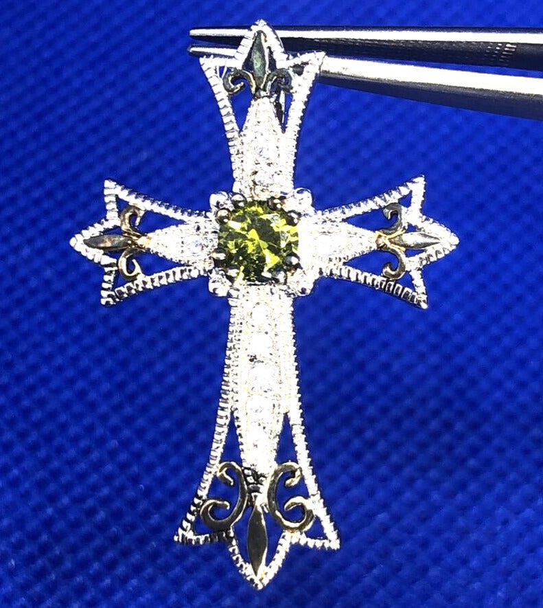 Designer DBI Green White Cubic Zirconia Sterling Silver Cross Statement Pendant