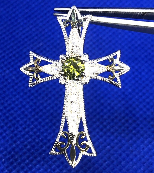 Designer DBI Green White Cubic Zirconia Sterling Silver Cross Statement Pendant