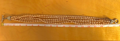 Vintage Silver Tone Peach Faux Baroque Pearl 5 Strand Toggle Choker Necklace