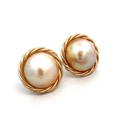 Estate 14K Yellow Gold Round Mabe Pearl Bird's Nest Statement Stud Earrings