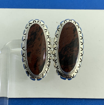 Taxco Mexico TJ-40 925 Sterling Silver Long Oval Red Jasper Stud Earrings
