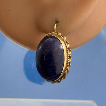 Vintage 14K Yellow Gold Lapis-Lazuli Oval Cabochon Statement Drop Stud Earrings