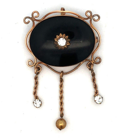 Antique Gold 12K Gold Filled Blace Onyx Rhinestone Brooch Earrings 3 Pc Set