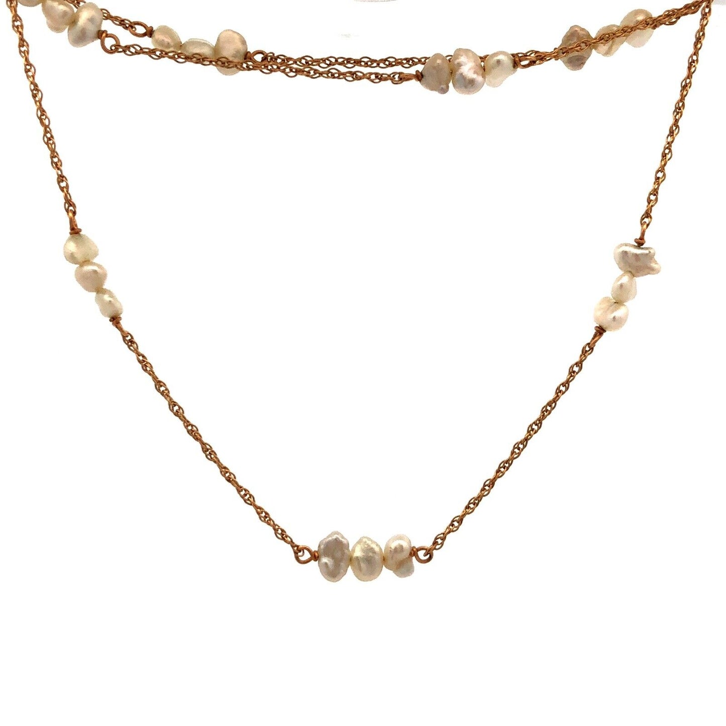 Estate 14K Yellow Gold Keshi Pearl Beaded Chain Station Necklace