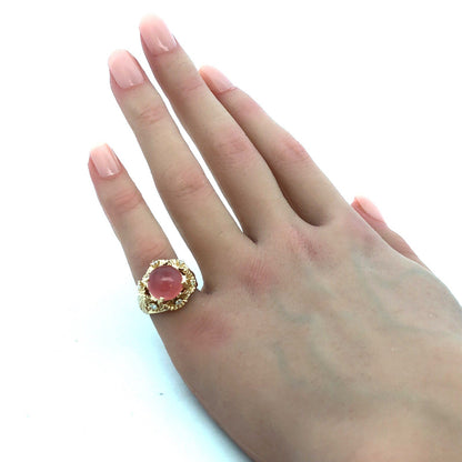 Vintage 14K Yellow Gold Round Morganite Diamond Flower Dome Cocktail Ring