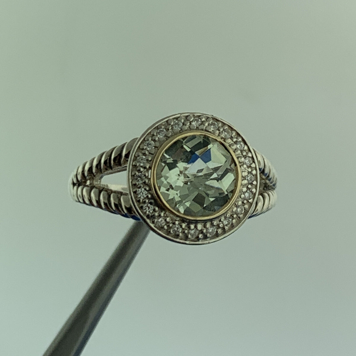 Designer ATR 925 Sterling Silver 14K Green Amethyst Praisolite Diamond Halo Ring