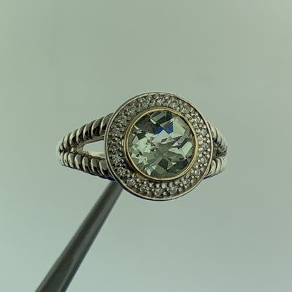 Designer ATR 925 Sterling Silver 14K Green Amethyst Praisolite Diamond Halo Ring