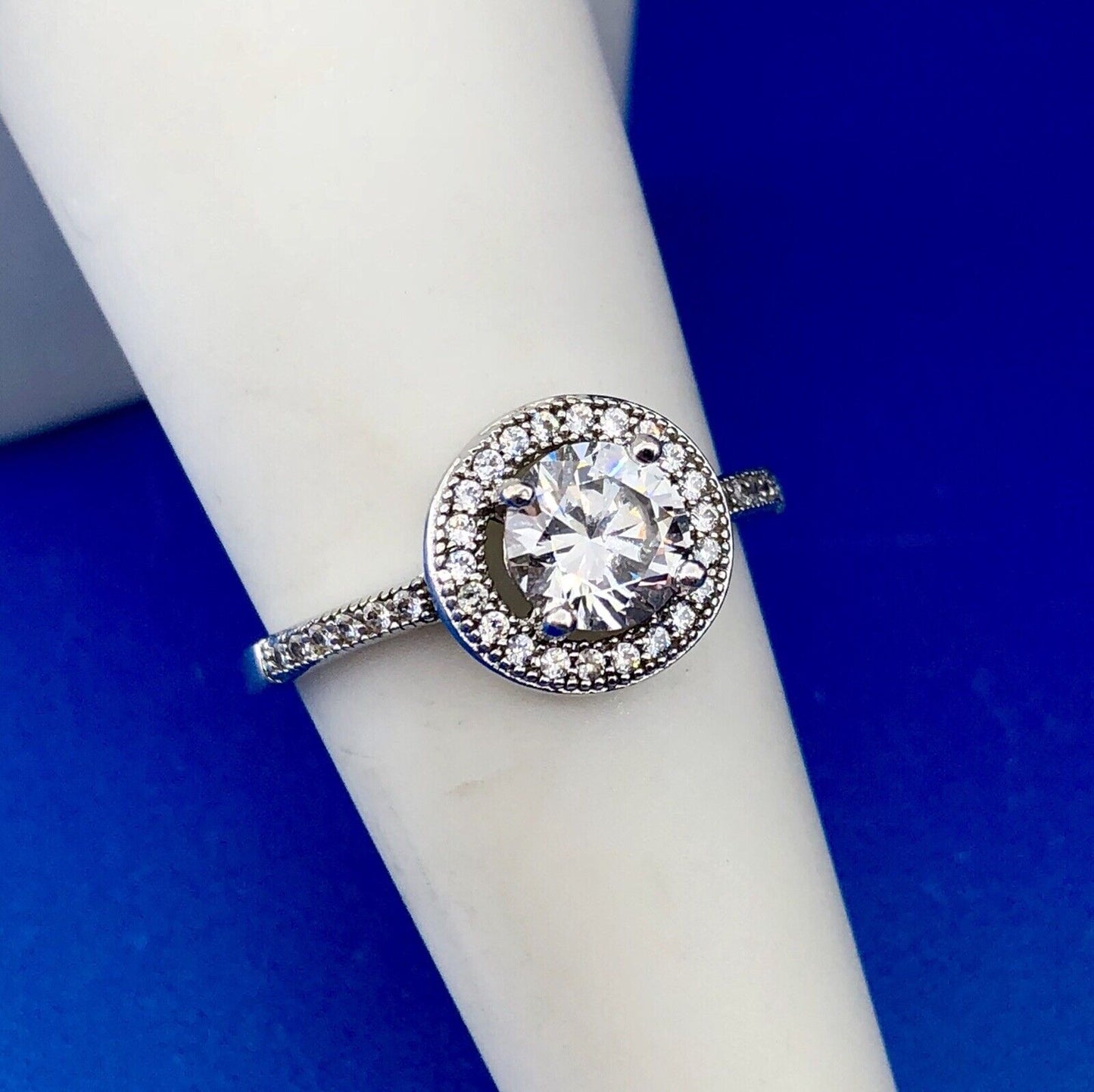 Sterling Silver 925 Cubic Zirconia CZ Solitaire Halo Engagement Ring