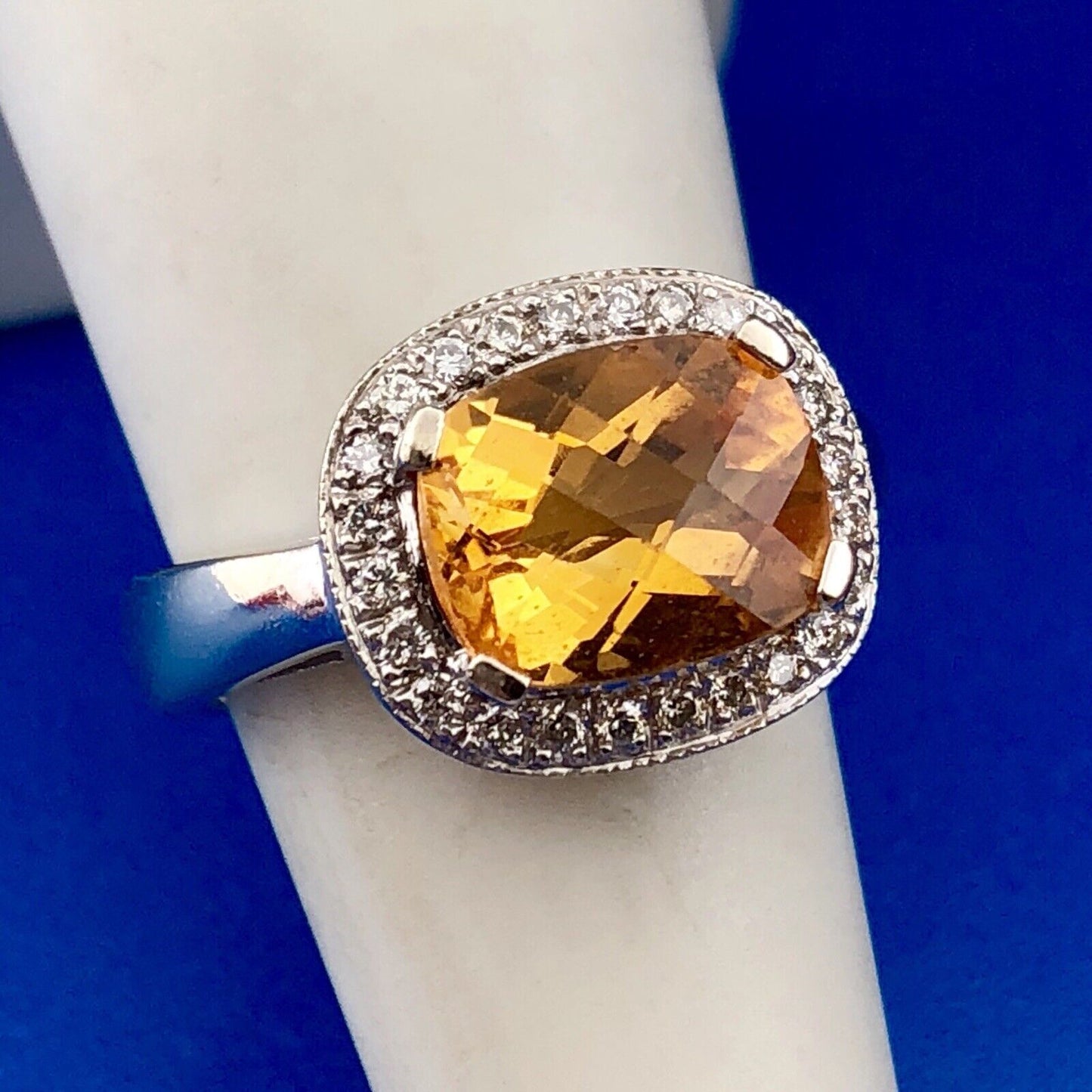 Stunning Designer 14K White Gold Citrine Diamond Cushion Cut Halo Ring Size 6.5