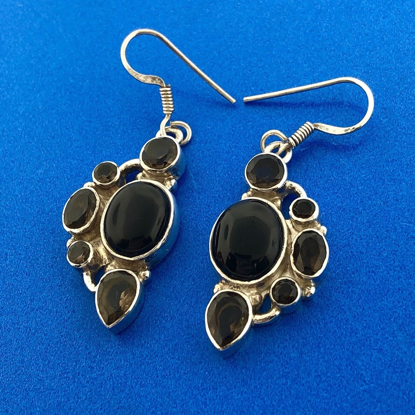 Modernist 925 Sterling Silver Black Onyx Smoky Quartz Drop Dangle Earrings