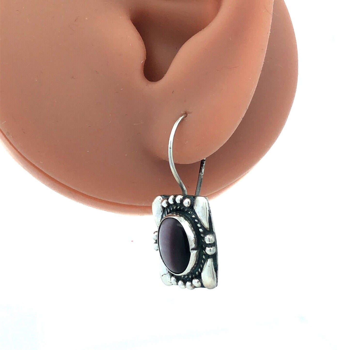 Designer Sterling Silver Oval Purple Cat Eye Cabochon Rectangle Hook Earrings