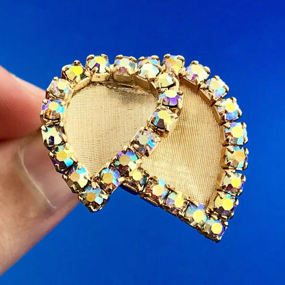 Fantastic Mid Century Gold Tone Florentine Aurora Borealis Rhinestone Earrings