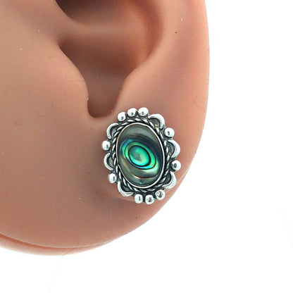 Vintage 925 Sterling Silver Oval Abalone Cabochon Beaded Scroll Stud Earrings