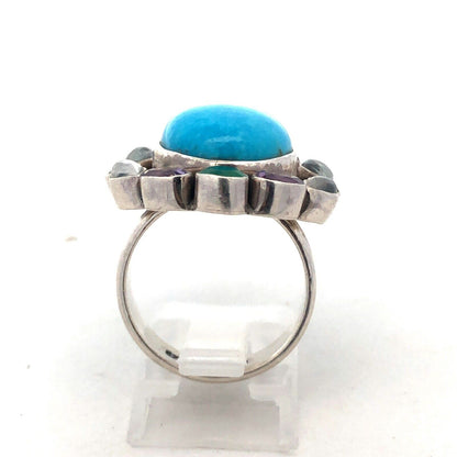 Designer NB India 925 Sterling Silver Oval Turquoise Multi-stone Statement Ring
