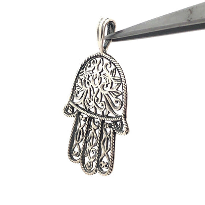 925 Sterling Silver Open Floral Scroll Hamsa Hand Of Fatima Pendant