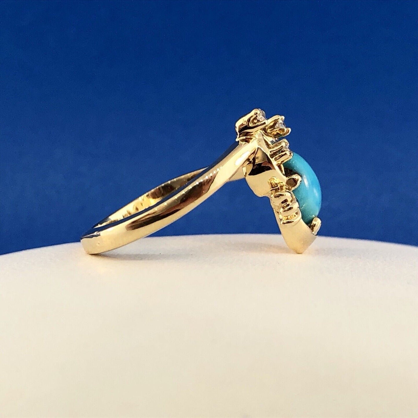 Vintage 14K Yellow Gold Diamond Turquoise Free Form Cocktail Ring
