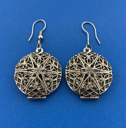 Vintage Silver Tone Balinese Filigree Perfume Photo Locket Drop Dangle Earrings