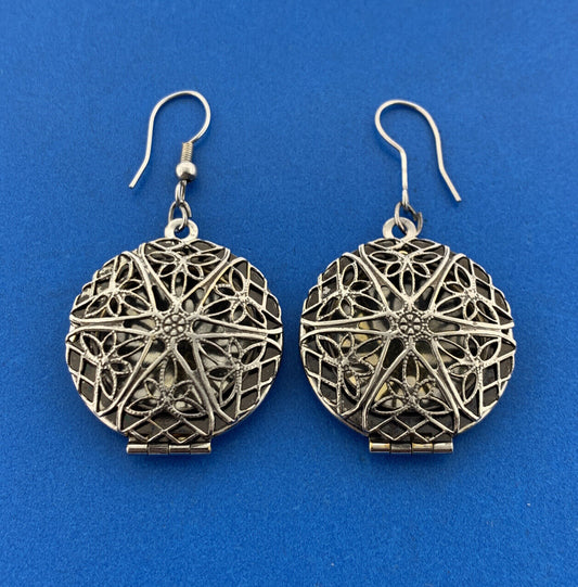 Vintage Silver Tone Balinese Filigree Perfume Photo Locket Drop Dangle Earrings