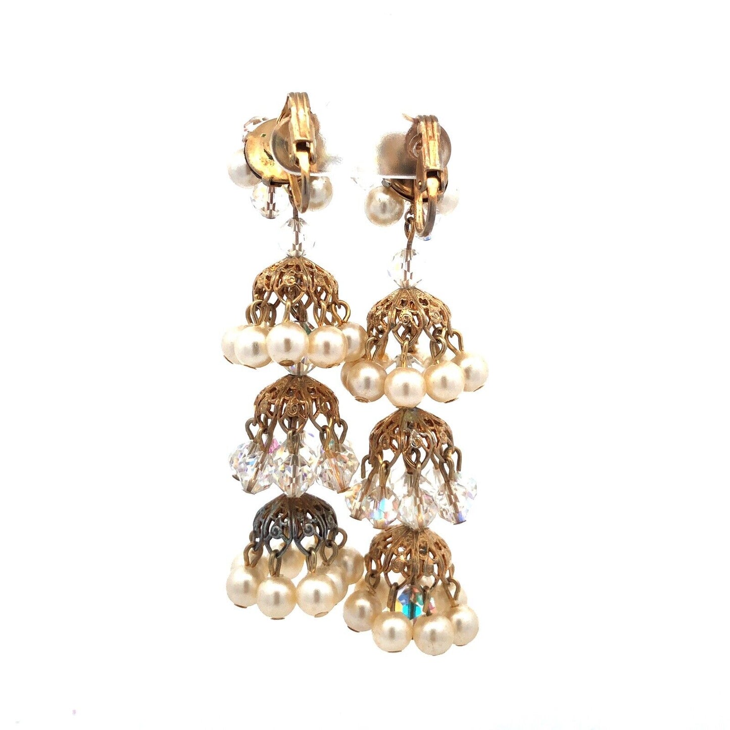 Vintage Gold Tone Faux Pearl Crystal Bead Statement Chandelier Clip On Earrings