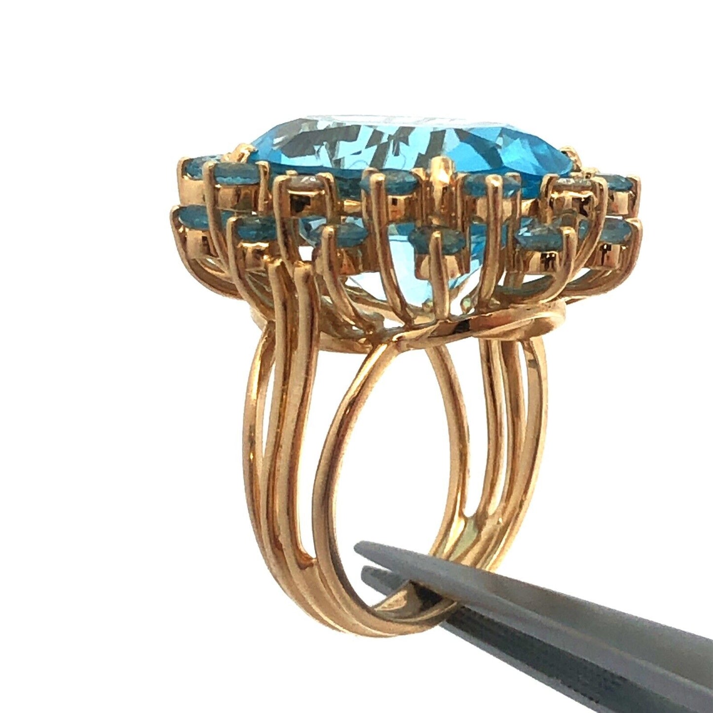 Designer 14k Yellow Gold Large Oval Blue Topaz Aquamarine Diamond Statement Ring