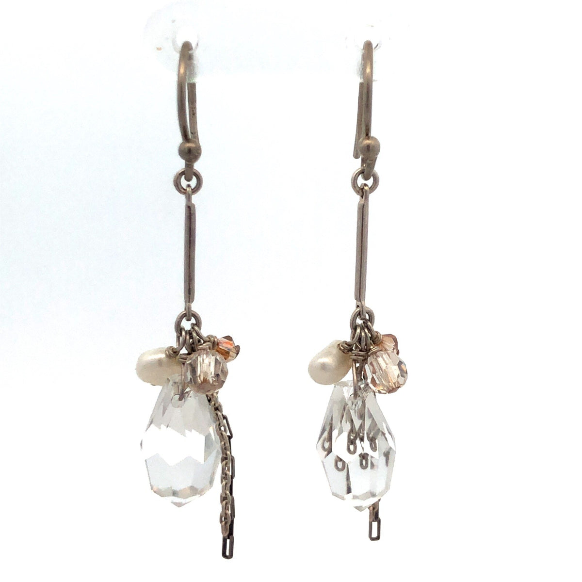 Designer 925 Sterling Silver Crystal Pearl Chain Cluster Dangle Hook Earrings