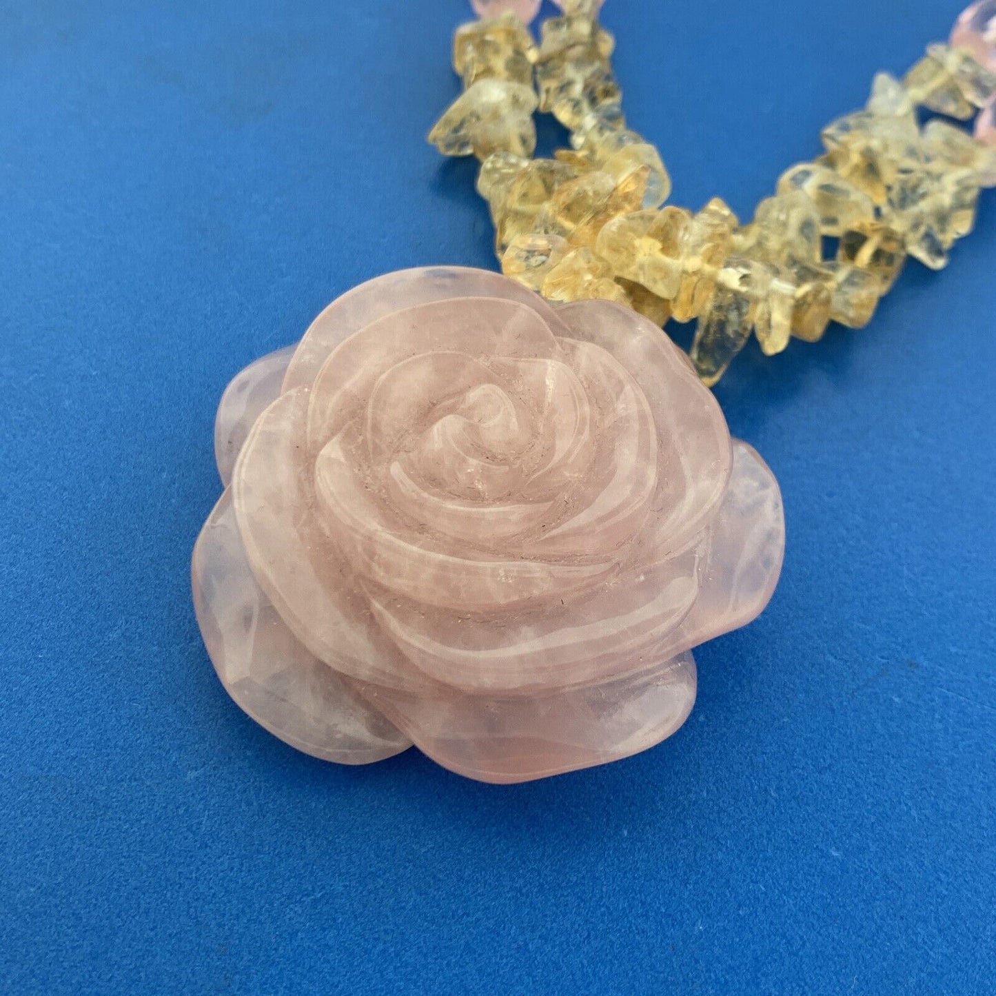 Silver Tone Carved Rose Quartz Flower Chunky Citrine Healing Statement Necklace