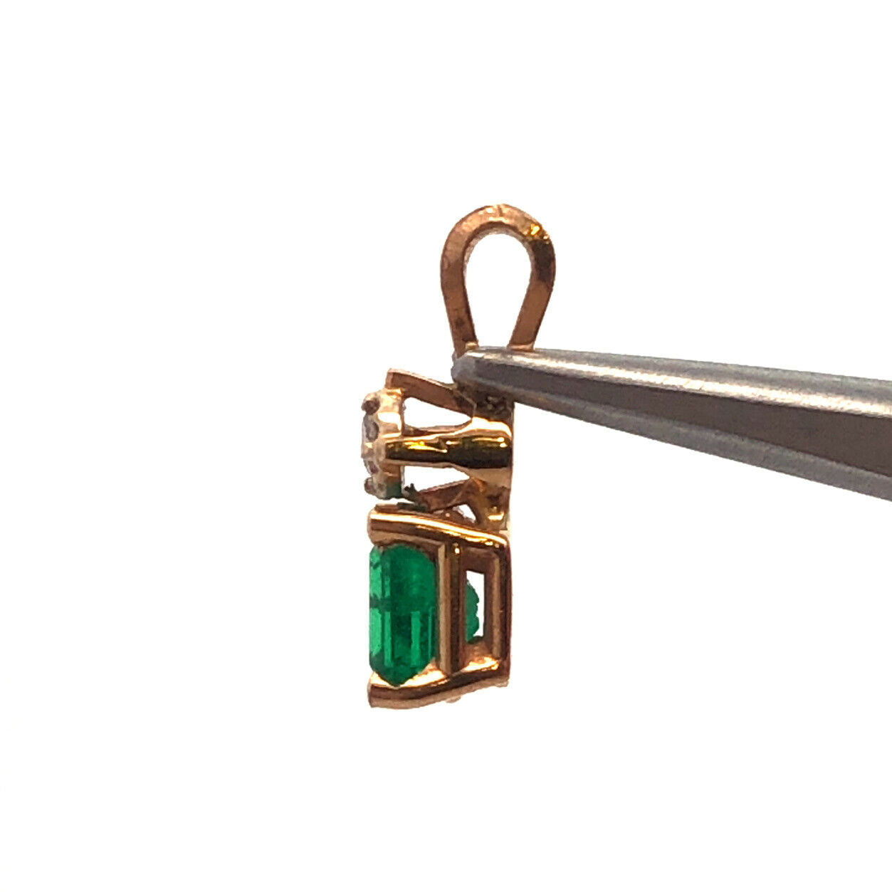Estate 14K Yellow Gold Emerald Cut Emerald Round Diamond Charm Pendant