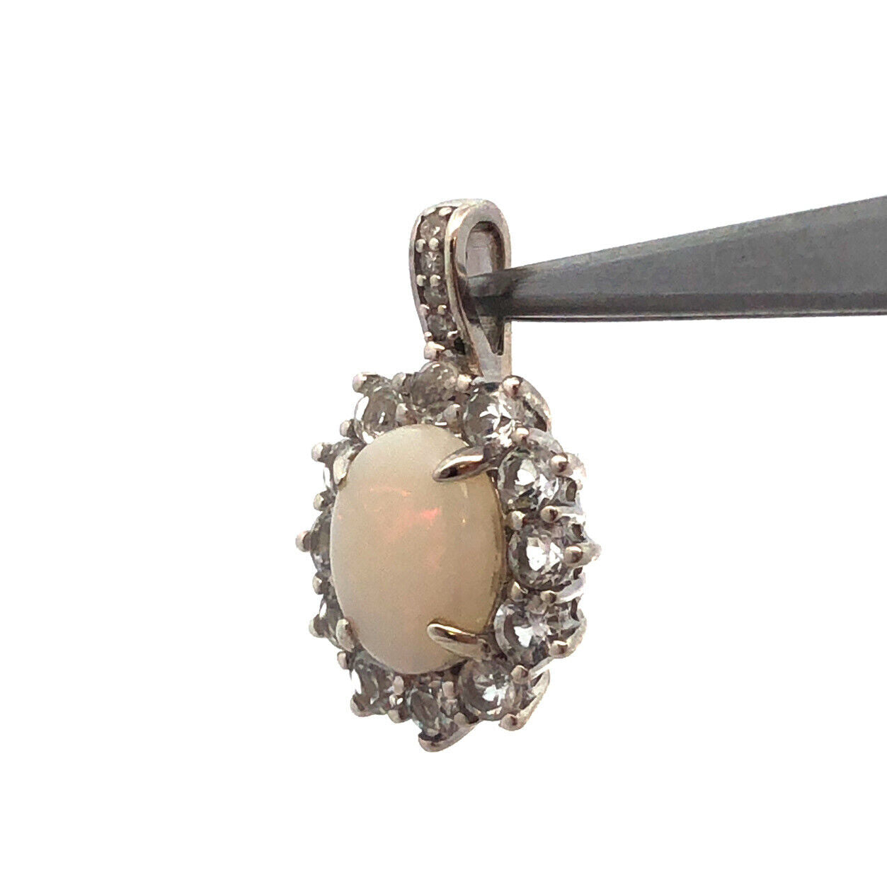 Designer CN 925 Sterling Silver Oval White Opal White Topaz Diamond Pendant