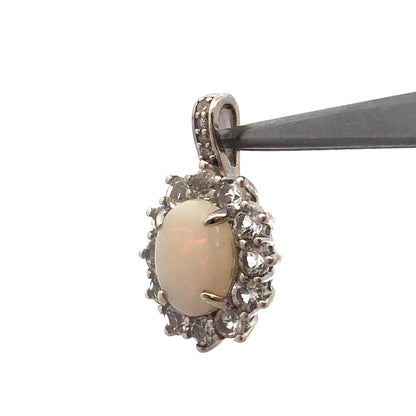 Designer CN 925 Sterling Silver Oval White Opal White Topaz Diamond Pendant