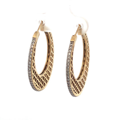 Vermeil 925 Sterling Silver Basket Weave Hoop Cubic Zirconia Border Earrings