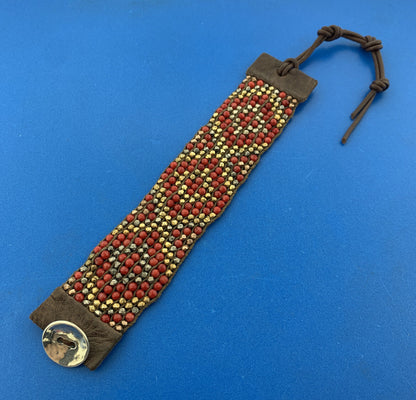 Chan Luu Sterling Silver Leather Coral Pyrite Seed Bead Patterned Wrap Bracelet