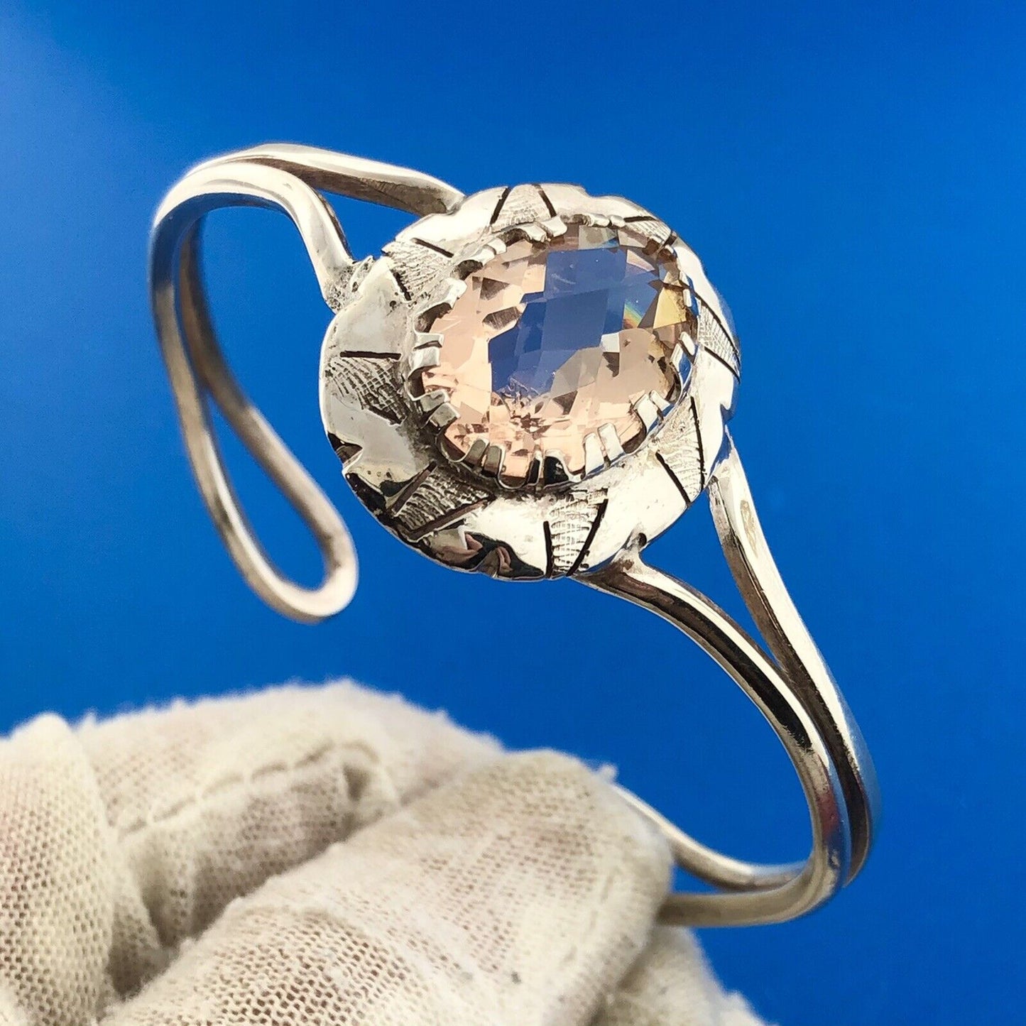 Sterling Silver Morganite Cubic Zirconia Concho Cuff Bracelet