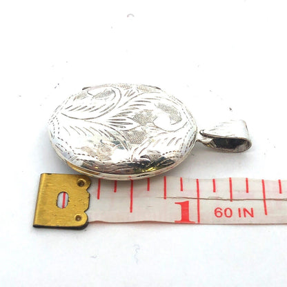 Vintage 925 Sterling Silver Etched Vine Filigree Oval Picture Locket Pendant