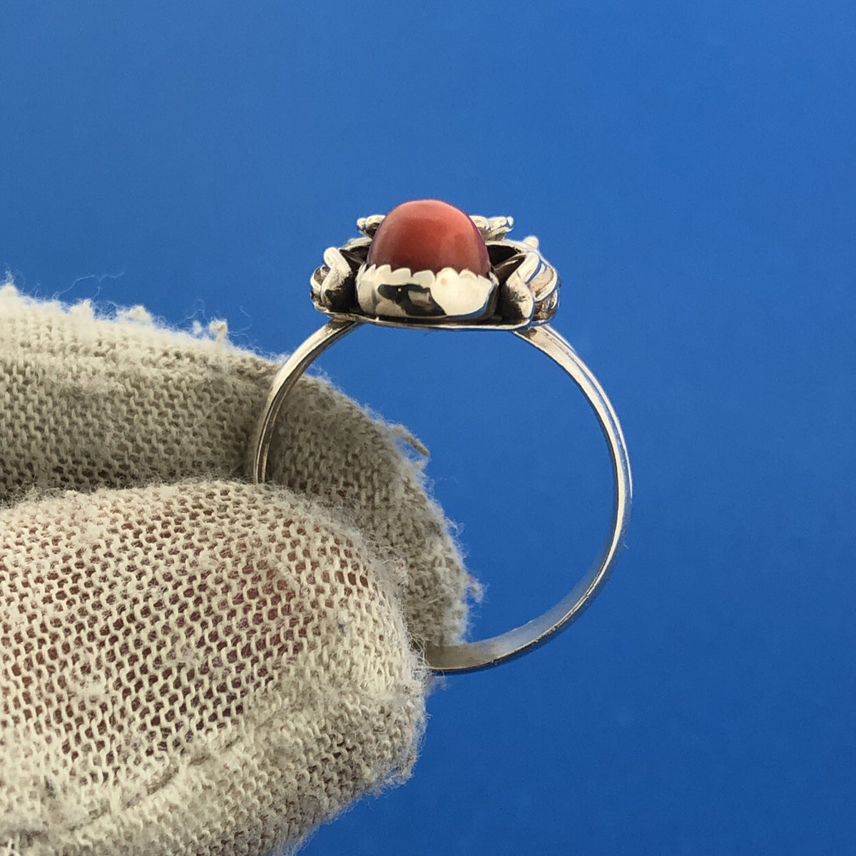 Native American Artisan Sterling Silver Coral Moonstone Elongated Feather Ring