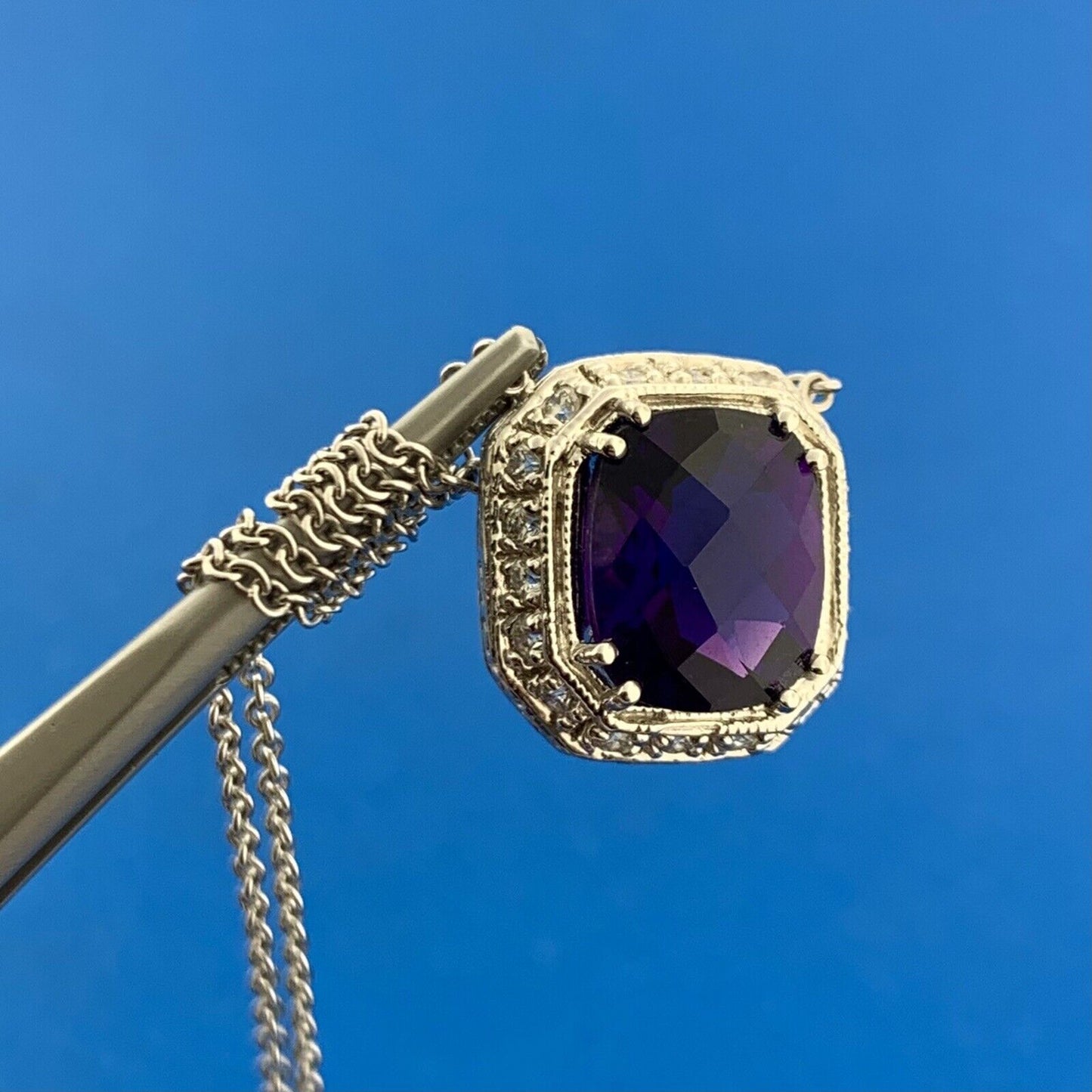18k White Gold Faceted Purple Amethyst Diamond Accent 16.5" Chain Necklace