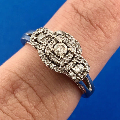 Estate 10K White Gold Diamond Double Halo Accents Engagement Anniversary Ring