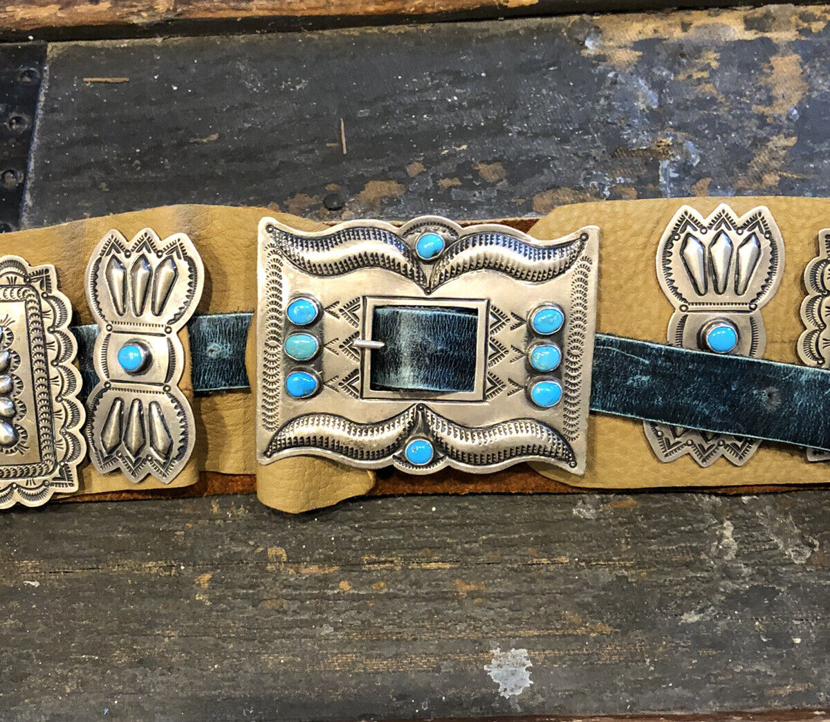 Susie James Navajo 925 Sterling Silver Leather Turquoise Concho Statement Belt