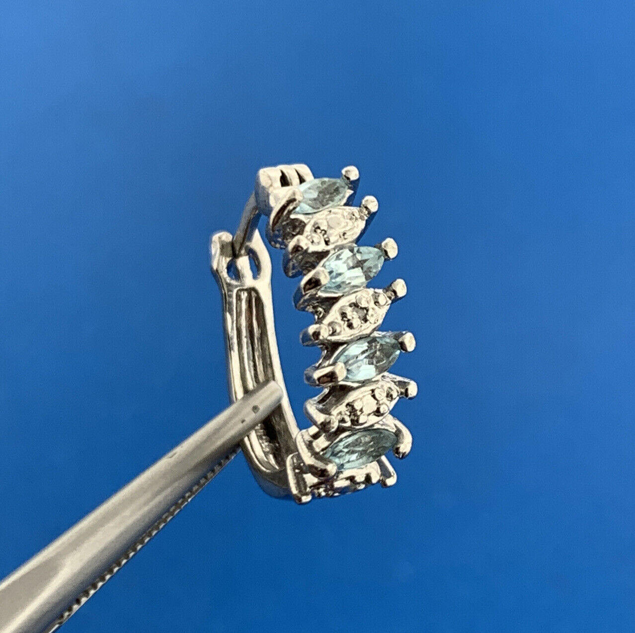 Designer Sterling Silver Marquise Aquamarine Diamond Accented Half Hoop Earrings