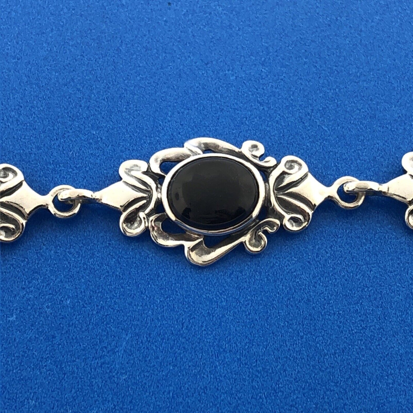 Estate Designer Sterling Silver 925 Black Onyx Scroll Panel Link Bracelet